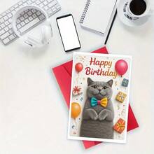 Thiệp chúc mừng sinh nhật, hình chú mèo xám dễ thương đeo nơ và cầm bóng bay, hộp quà trang trí đẹp mắt, kèm phong bì, món quà sinh nhật hoàn hảo cho người yêu mèo. - 13*18 - Xem 6