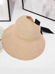 女士宽檐草编遮阳帽，可卷起马尾辫，夏季沙滩帽，防紫外线，UPF，可折叠，旅行必备，波西米亚风蝴蝶结 - 彩色 - 查看 3