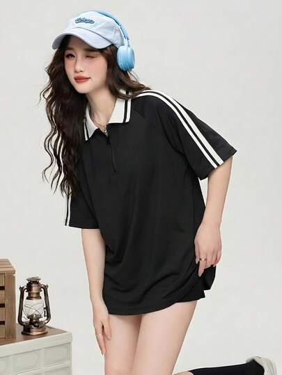 JUTU撞色条纹短袖Polo领拉链宽松针织黑色T恤，夏季休闲家居服，情人节
