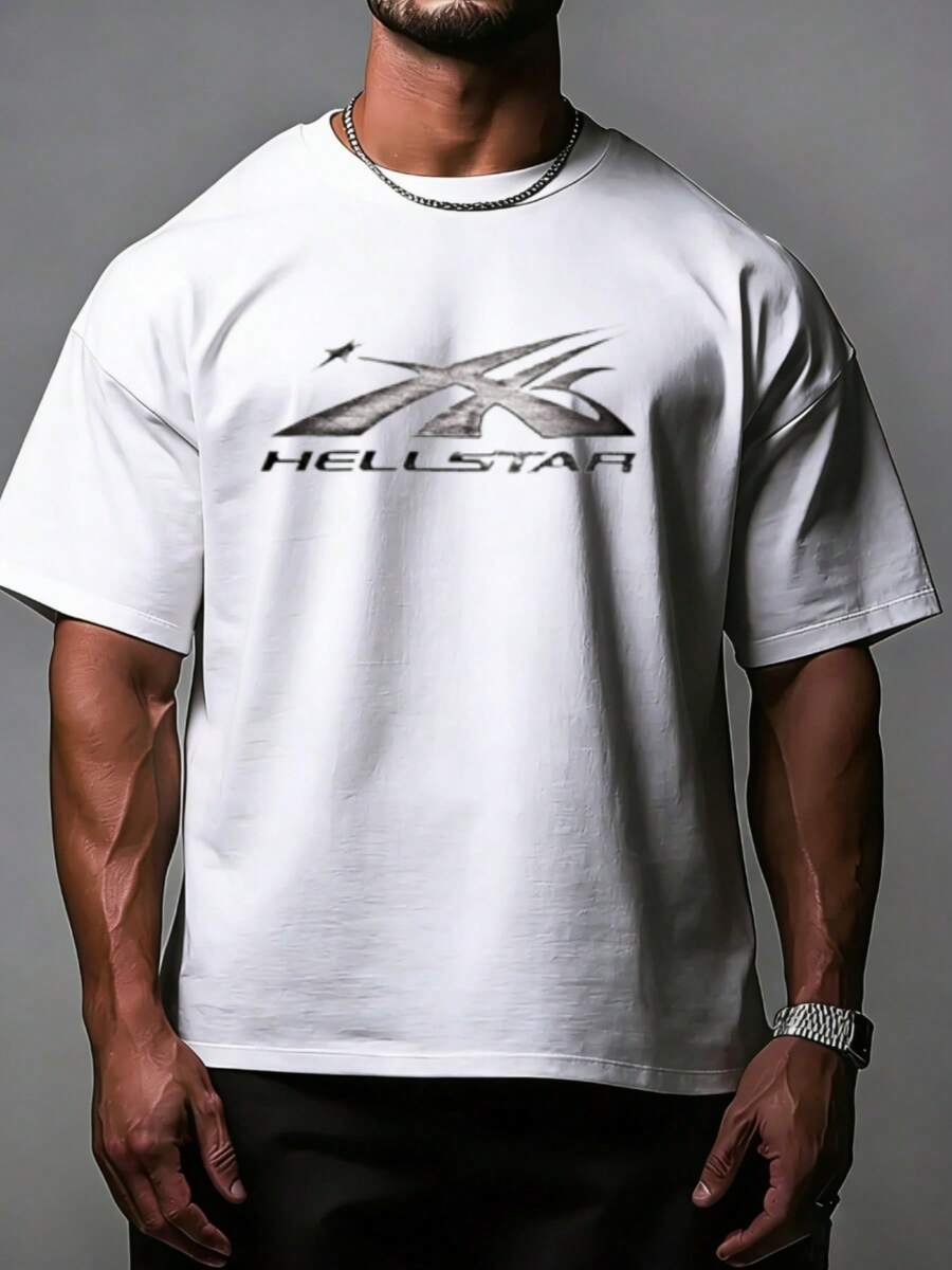 Hellstars Metallic Abstract Logo Y2K Graphic T-Shirt,220g 100% Cotton,Round Neck Short Sleeve,White Streetwear Essential For Summer Going Out,Unisex Style - 白色 - 查看 1