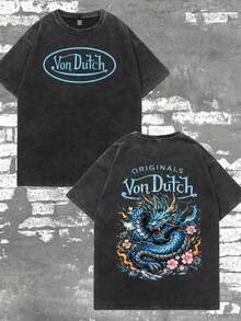 Men Washed Cotton Streetwear Brand Originals Vons Dutchs Snake And Clover Print Casual Tee For Daily Wear Outdoors | Front And Back Print | Vintage Heavyweight T Shirt | Perfect Gift | Loose Comfortable Breathable | Machine Washable Fabric | Hip Hop Cool Style | Drippy Clothes | Y2K - 黑色 - 查看 1