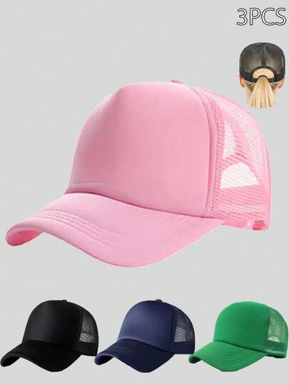 3 pièces Casquette de baseball en maille de couleur unie unisexe, casquette de camionneur réglable unisexe, casquette de protection solaire respirante pour l'été pour les voyages et le port quotidien, chapeau de soleil décontracté polyvalent de style Y2K unisexe adapté aux voyages, à la plage, aux vacances
