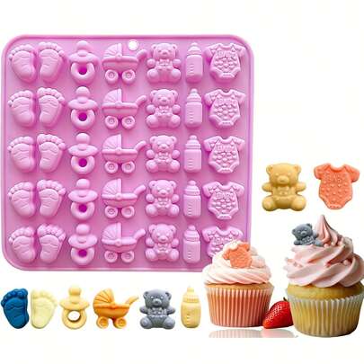 1 Pack Baby Shower Themed Silicone Mold 35 Cavity Little Feet Mold Utility Cart Bear Molds, Bite Size Silicone Chocolate Candy Gummy Molds For Kids' Birthday Party Cake Decoration Cupcake Topper