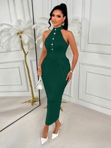 AIJ Women's Elegant Knitted Bodycon Long Dress With Stand Collar Sleeveless And Button Details Perfect For Party Casual Wear - Dark Green - View 7
