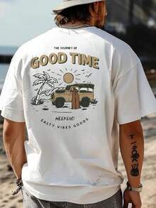 Men's Car & Letter Print Short Sleeve T-Shirt - White - View 1