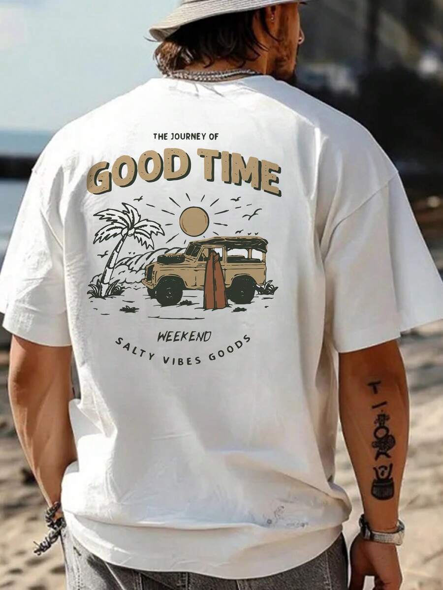 Men's Car & Letter Print Short Sleeve T-Shirt - White - View 1