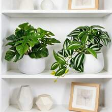 2 piezas Macetas blancas pequeñas y lindas con plantas verdes artificiales, plantas en maceta con hojas de tortuga falsas de 15 cm, adecuadas para decoración del hogar, escritorio de oficina, mesa de comedor, baño, decoración del hogar, accesorios DIY, decoración de sala de estar y dormitorio, sin necesidad de regar - Verde - Ver 9