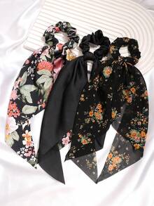 3 piezas Pañuelo triangular ligero con estampado floral y de unicolor, accesorios para el cabello, estilo bohemio casual, vintage, estilo palaciego, fiesta, moda callejera linda, hecho de poliéster, adecuado para todas las estaciones, sujetadores de coleta, scrunchies elásticos para el cabello - Negro - Ver 2