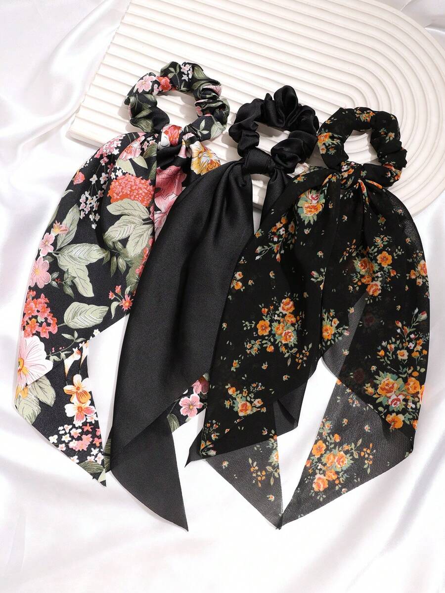 3 piezas Pañuelo triangular ligero con estampado floral y de unicolor, accesorios para el cabello, estilo bohemio casual, vintage, estilo palaciego, fiesta, moda callejera linda, hecho de poliéster, adecuado para todas las estaciones, sujetadores de coleta, scrunchies elásticos para el cabello