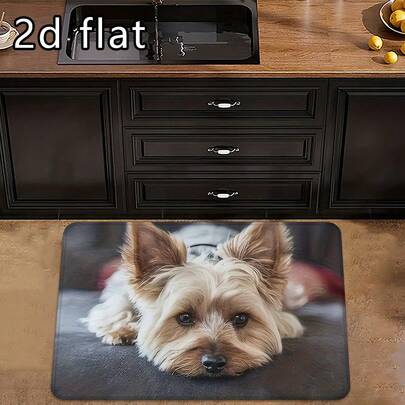 1pc/2pcs/3pcs Yorkshire Terrier Absorbent Foldable Kitchen Mat, Non-Slip Washable Polyester Bath Rug, Rectangular Carpet For Kitchen, Bathroom, Hallway, Cute Pet Design Carpet, Machine Washable, Entrance Mat, Bathroom Mat