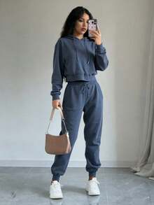 el mejor regalo para el Día de la Madre:(Hasta agotar existencias)Conjunto de suéter de manga larga asimétrico gris sencillo de punto holgado que cae de los hombros y pantalones acampanados, conjunto de dos piezas para mujer para otoño/invierno, ropa de entrenamiento - Gris Oscuro - Ver 2