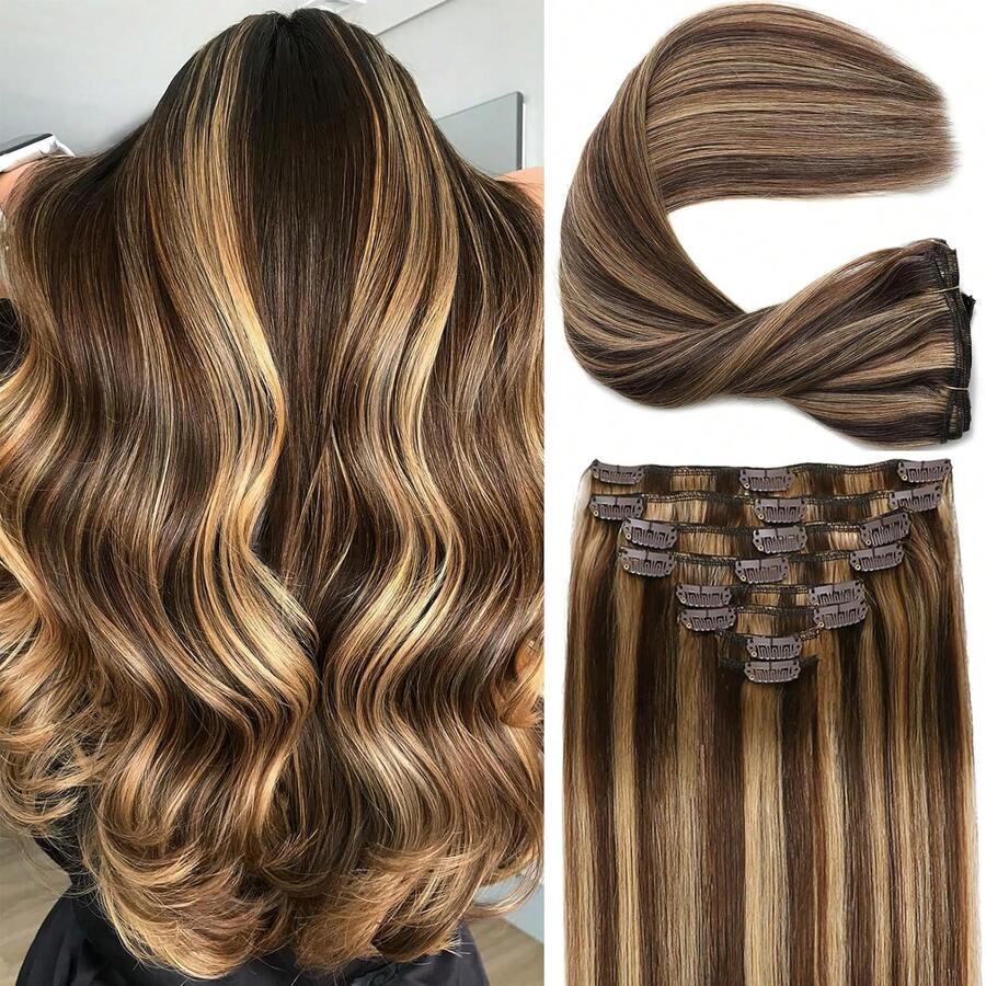 Clip In Human Hair Extensions Ombre Brown To Caramel Blonde Thick Silky Straight Clip In Double Weft Brazilian Human Hair Extensions Full Head Color 4/27 18 Inch - S4/27 - Xem 1