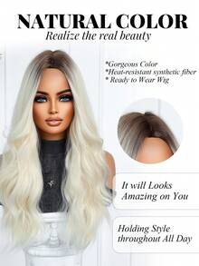 渐变色24英寸中分长卷发假发，优雅时尚，适合女性佩戴，采用耐热合成纤维机织而成，适合日常佩戴、旅行、派对和节日场合，是送给女孩的理想节日礼物。 - 漸變金色 - 查看 4