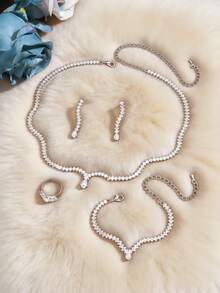 Juego de 4 piezas de joyería elegante y de moda para mujer con circonita cúbica, con estilos de colgante en forma de lágrima y herradura, adecuado para bodas, fiestas, regalos de graduación, verano - Blanco - Ver 4