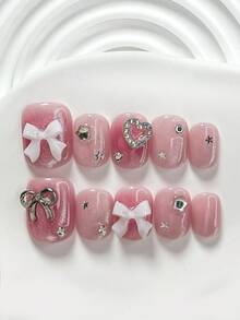 10件套手工3D蝴蝶结、闪亮水钻星星、镂空爱心水钻美甲装饰、亮片美甲贴纸，可爱美甲装饰，包含指甲锉和果冻贴纸（适合方形、短矩形、杏仁形指甲） - 彩色 - 查看 10