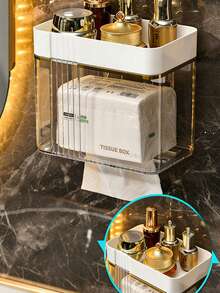 1pc Transparent Waterproof Tissue Box, Wall-Mounted Roll Paper Tissue Box Storage Rack - Grey - View 4