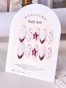 10pcs Handmade Cream White & Burgundy Star Nail Stickers Set (Small/Medium/Large): Cream White Base With Burgundy French Tips, Polka Dots And 3D Star Studs, Sweet And Neutral Style, Fine Glossy Texture, Suitable For Daily Outings, Light Fashion Social Occasions, Reusable, Pearl White Base With Navy Blue French Tips And Polka Dots - Red - View 2