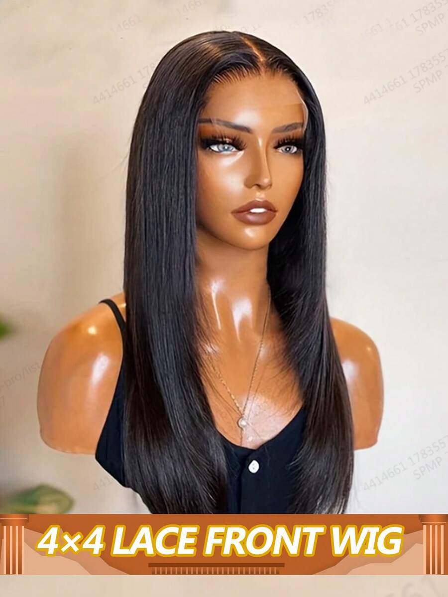 直发真人发假发，层次剪裁，4*4蕾丝闭合，透明蕾丝，自然黑，女士款，180%密度 - Natural Black - 查看 1