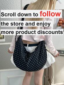 1个女士尼龙波点手提包，时尚褶皱肩带新月形包，休闲百搭，适合通勤、购物、旅行、运动 - 黑色 - 查看 3