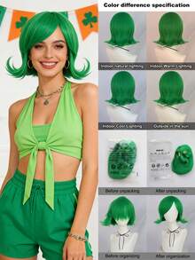 Tóc giả bob màu xanh lá cây tươi tắn với mái bằng, sóng xoăn tự nhiên hướng vào trong, hoàn hảo cho ngày lễ Thánh Patrick, các bữa tiệc, cosplay và diện mạo hàng ngày. - Nhiều màu - Xem 5