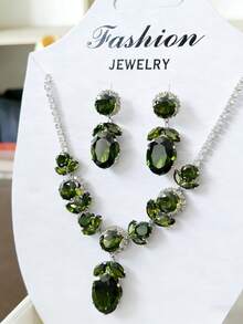 “绯红花园”锆石首饰套装，奢华复古红/绿锆石项链和耳环，适合搭配晚礼服 - 彩色 - 查看 11