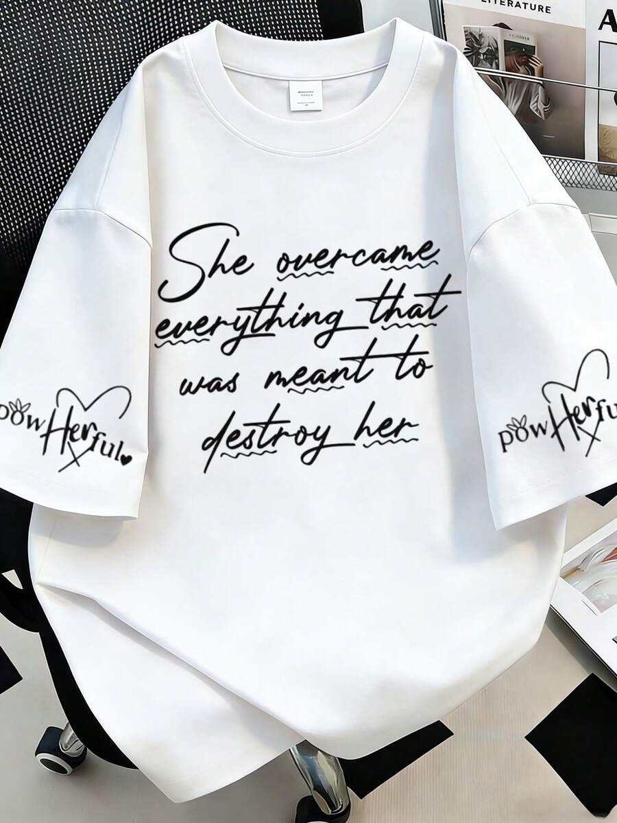 印花短袖休闲夏季T恤，带标语 - 白色 - 查看 1