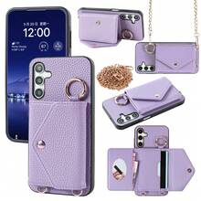 1pc Elegant Litchi Grain PU Leather Flip Cover Wallet Phone Case With Card Slots, Crossbody Strap, Ring Holder & Mirror, Compatible With Samsung Galaxy S26, S25 Edge, S24, S23, S22, S21, S20 FE, Note 20 Ultra, A17, A16, A15, A07, A52, A53, A54, A25 5G - Purple - View 2