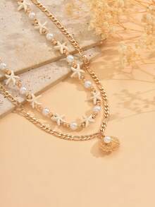 2件套夏季波西米亚海洋风仿珍珠串珠海星颈链，金属贝壳吊坠项链，适合日常佩戴、海滩度假和派对。 - 彩色 - 查看 2