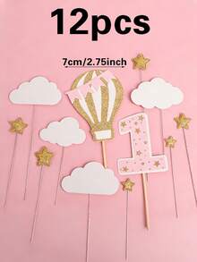 12 pièces Ensemble de décorations en papier pour gâteau de 1er anniversaire, comprenant fanions, étoiles, nuages, montgolfières, chiffre 1, couleur rose, convient pour baby shower et fête d'anniversaire - A - Voir 8