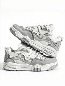 Two-Tone Chunky Sneakers Men's Comfy Non-Slip Lace-Up Casual Shoes - 白灰 - 查看 5