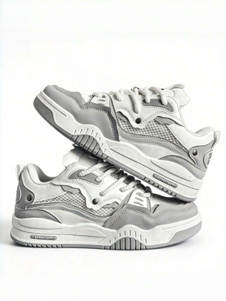 Two-Tone Chunky Sneakers Men's Comfy Non-Slip Lace-Up Casual Shoes - 白灰 - 查看 5