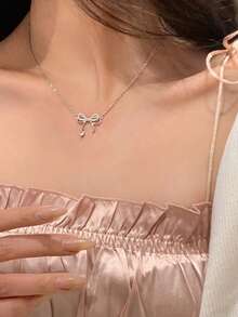 1/3/5件装女士蝴蝶结项链吊坠，镶嵌钻石，百搭锁骨项链 - 銀色 - 查看 4