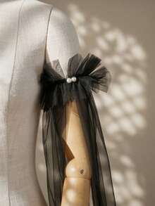 2 piezas Puños de manga negros, volantes de longitud completa con decoración de perlas, adecuados para novia de boda, fotografía de boda, vacaciones en la playa, accesorios para vestidos de fiesta - Negro - Ver 3