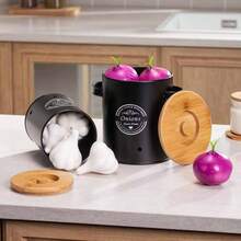 3pcs Potato & Onion Storage Containers With Handles, Garlic & Potato Storage Box Set, Wooden Lid Metal Cans, Kitchen Supplies - Multicolor - View 6