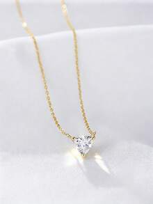 1件S925纯银极简主义镶钻颈链，配锆石心形吊坠，奢华设计 - 金色 - 查看 7