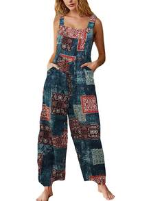 Bohemian Women's Loose Floral Bib Overall Jumpsuit With Pockets Patchwork Wide Leg Adjustable Strap Beach Vacation Outfits Summer - xanh lam-xanh lục - Xem 2