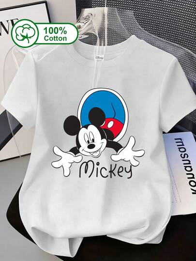  Disney Women's Casual Everyday 100% Cotton Short-Sleeve T-Shirt, Featuring A Pattern Of Mickey Peeking Out From A Circular Window Grid With Both Hands Spread And A Lively, Playful Expression, Conveying An Attitude Of 'innocent Happiness And Full Of Energy.' Suitable For Daily Outings, Campus, Disney Park Visits, And Family Trips. As A Summer Garment, The Mickey Pattern T-Shirt Is Perfect For Matching Parent-Child Outfits Or As A Basic Daily T-Shirt