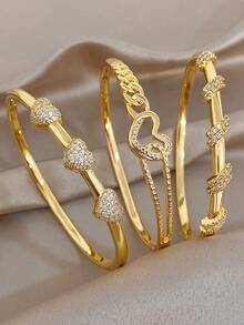 18K Gold Plated Anti-Fading Heart Zirconia Bangle Bracelet Set For Women, High Quality Luxury Jewelry,Gifts For Mom, For Daily Wear, Weddings, Suitable For Daily Life, Parties, Dates, Beach, Beach Jewelry, Mother's Day Gift, Valentine's Day Gifts, Spring, Wedding Supplies, Summer Accessories - Multicolor - View 10