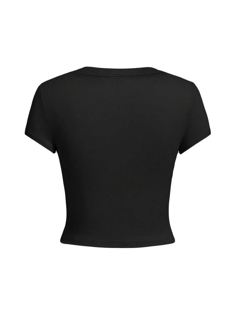 2pcs Women's Round Neck Short Sleeve T-Shirt, New Summer Fashion Solid Color Casual Fitted Cropped Top - Multicolor - View 4