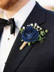 6枚/1枚公主玫瑰花胸针，配白色满天星和人造绿叶，浪漫男士翻领别针，适合婚礼、派对、日常佩戴、情人节配饰 - 藏蓝色 - 查看 4