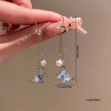 1 Pair Of Women's Gentle Temperament Imitation Butterfly And Imitation Pearl Tassel Earrings, High-End Long Drop Earrings Jewelry - 銀色 - 查看 4