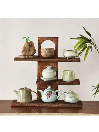 1pc Vintage Wooden Perfume Holder, Retro Solid Wood Cosmetic Storage Rack, Multi-Layer Display Shelf For Tea Set, Jewelry, Decorations