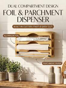 1 piece: Cling film cutter, wall-mounted bamboo and wood kitchen storage rack, foil box and paper towel holder, two-way sliding blade multi-layer organizer, 2-layer and 3-layer options, with hanging rod. - مشاهدة 13