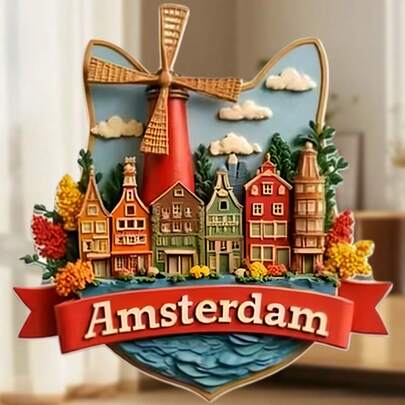 Amsterdam Charm: 3D Stereo Shield-Shaped Refrigerator Magnet, Layered Canal Landscape, Windmill, Slanted Roof Houses And Flowers, With "Amsterdam" Text On Red Ribbon - Eternal Souvenir Of Dutch Romance