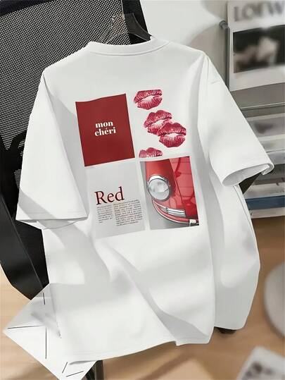 Camiseta blanca de manga corta% algodón, camisetas con estampado gráfico, ropa de verano para mujer, tallas grandes, tops de verano, ropa de vacaciones para mujer, ropa de calle, estampado de labios rojos y coche, camisetas de mujer, cuello redondo, conjuntos casuales de primavera/verano para mujer, ropa de vacaciones.