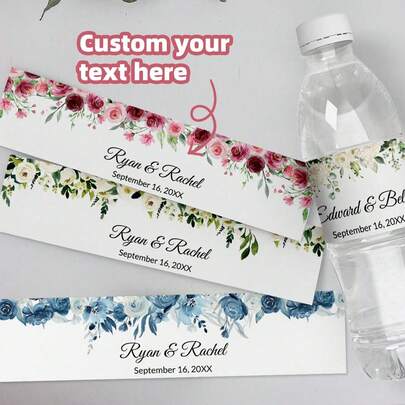 1-60PCS Personalized Water Bottle Label Stickers, Customized Water Bottle Outer Packaging Labels, Customized Name Text - Leaf And Flower Design, Suitable For Birthdays, Family Gatherings, Holiday Parties, Wedding Packaging