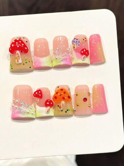 10pcs Cute Dopamine Mushroom Handmade Press On Nails, Pink Gradient French Nails With 3D Mushroom & Butterfly Fake Nails, Short Duckbill Nails Acrylic False Nails French Tip Nails For Spring Picnic & Daily Wear, With Jelly Glue And Nail File, DIY Nail Art Supplies