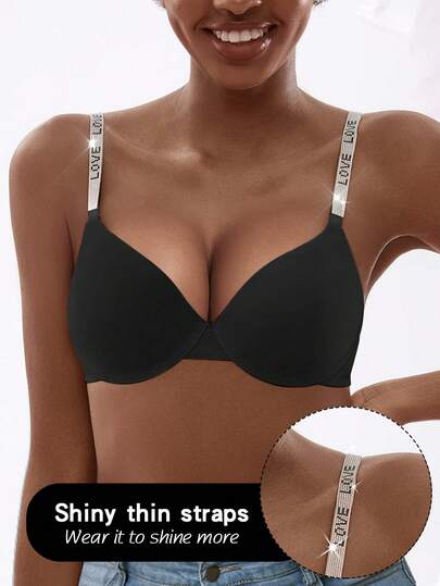 Sutiã Preto Brilhante com Efeito Push-Up para Mulheres, Levantamento de Seios Estruturado, Costas Respiráveis e Bonitas, Ideal para Uso Diário.