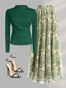 2pcs/Set: Fitted Solid Stand Collar Long Sleeve T-Shirt + Patterned Print Skirt - Green - View 1