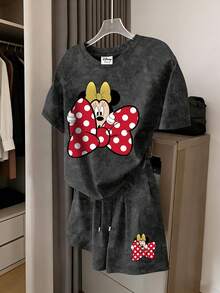Disney 水洗 T 恤與短褲套裝，白色波點印花搭配大蝴蝶結設計 - 黑色 - 查看 1